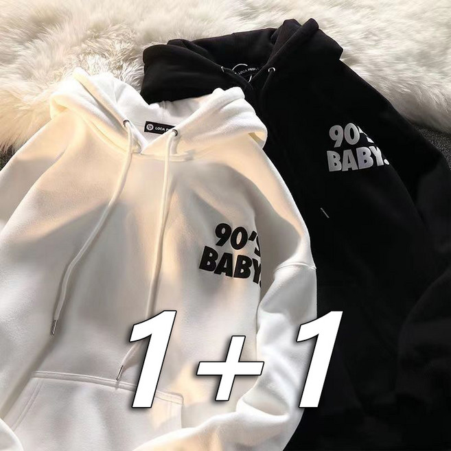 1+1 기모 도톰한 남녀공용 데일리 후드 맨투맨 커플룩 오버핏 캐주얼 영문 레터링 풀오버