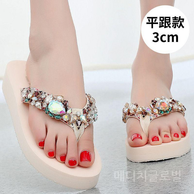 여성 화려한 큐빅 3cm 6cm 키높이 통굽 쪼리 미끄럼 방지 굽높은 웨지 샌들 해변