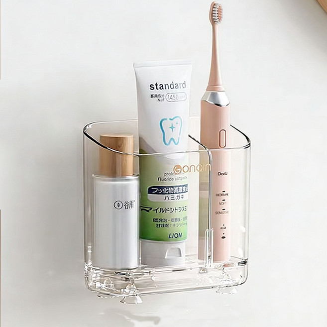 무타공 칫솔꽂이 다용도 화장대 정리함 분리수납, 투명 슬림형, 1개