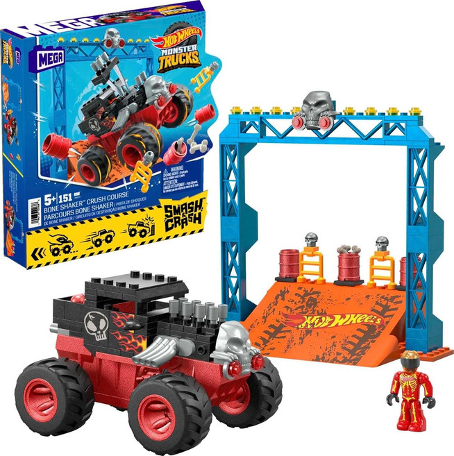 MEGA Hot Wheels 몬스터 트럭 장난감 자동차 조립 세트 스매시 앤 크래시 본 쉐이커 크러시 코스 151피스 마이크로 피규어 드라이버 1개 레드 만 5세 이상