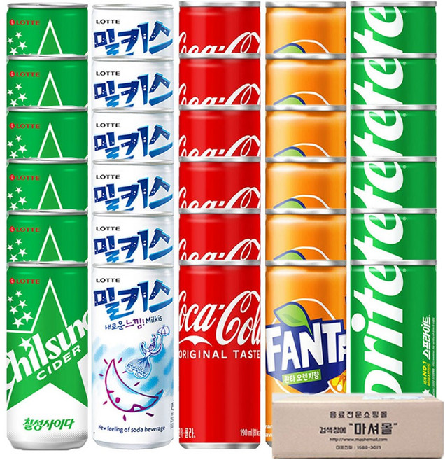 마셔몰 탄산음료 세트 코카콜라 환타오렌지 스프라이트 밀키스 칠성사이다 5가지맛, 60개, 190ml
