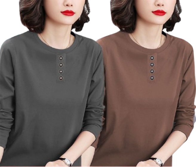 TKX 1+1 여성용 봄가을 긴팔 버튼 장식 면 티셔츠 2장 세트 아줌마옷 티블라우스 K51