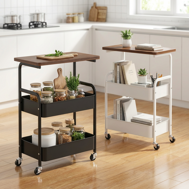 라이위안 나무 테이블탑이 있는 이동식 수납 카트 3단, 블랙