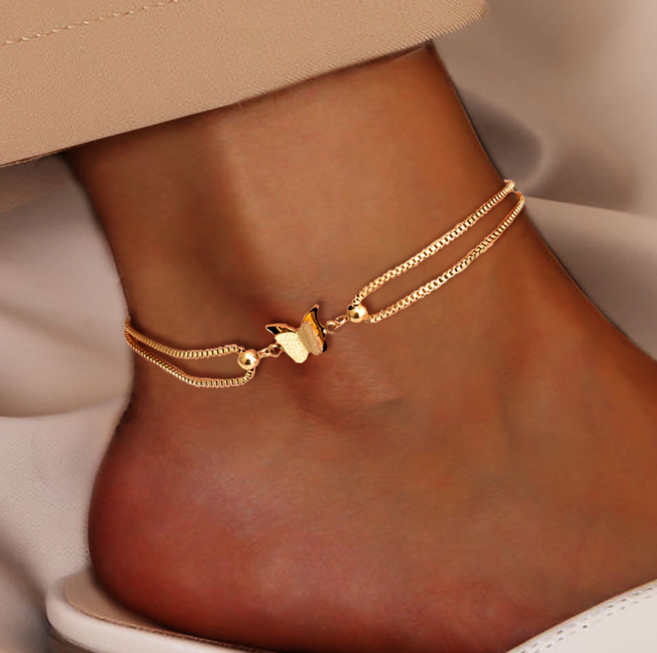 고급스러운 감성 이중 체인 디자인 여성용 트렌디 나비 팬던트 티타늄 스틸 발찌