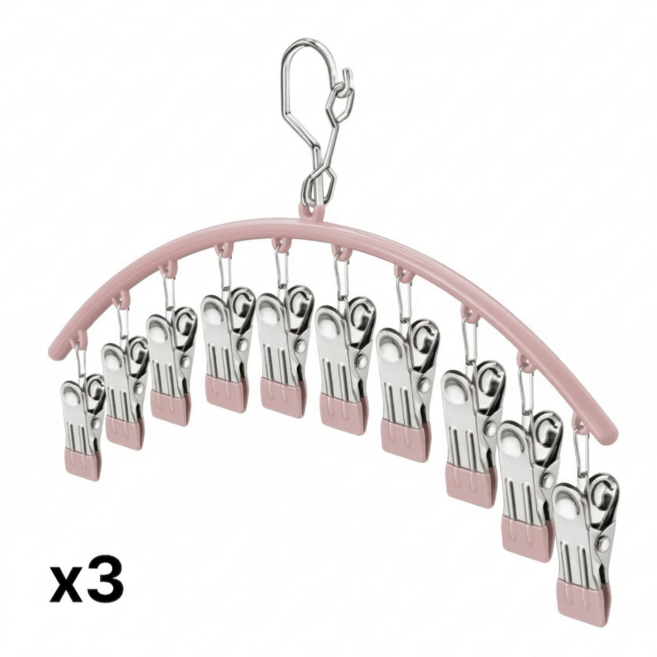 티모아리스 논슬립 스텐 양말 집게형 건조대, 3개, 핑크