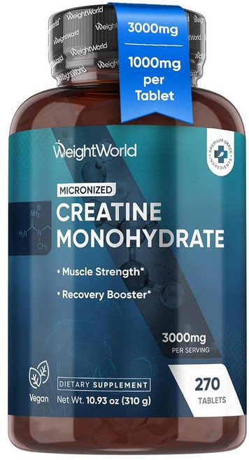 WeightWorld 미립자 크레아틴 모노하이드레이트 3000mg 비건 태블릿 | 근력 및 회복 부스터 | 3개월 분량 - 270정 | 여성 및 남성용 크레아틴 | GMO 프리