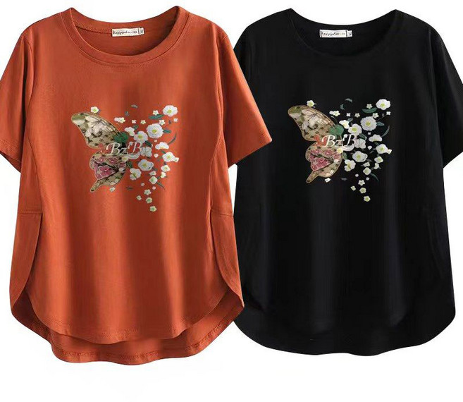 [빅세일] 2pcs (1+1) 중년여성 빅사이즈 반팔티 프린팅 데일리 밑단동근 여름티 100kg까지 박시티 40대 50대 여름티 L-4XL