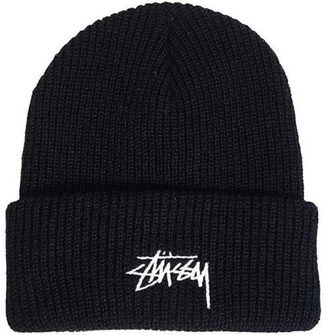 스톡 로고 자수가 있는 스투시 커프 비니 블랙 니트 캡