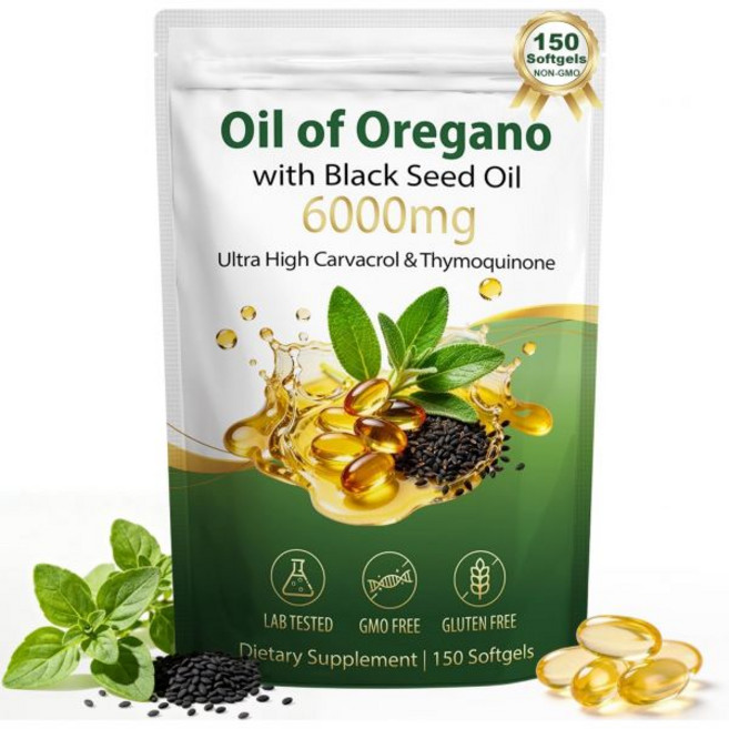 Oil of Oregano with Black Seed Oil Softgels 6000mg - 150 Count Oregano Oil Capsules with 165mg Car, 150정