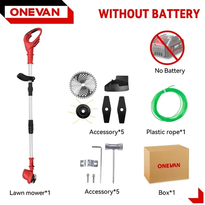 ONEVAN 10인치 브러시리스 전기 잔디 깎는 기계 36000RPM 무선 잔디 트리머 길이 조절 가능 마키타 18V 배, 03 Without Battery, 01 CHINA, 1개, 03 Without Battery