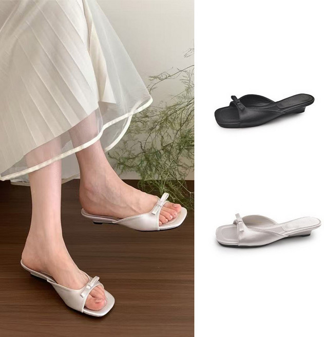 히또리 S2525 3cm 리본 포인트 하프 웨지 낮은 여성스러운 쿠션감 좋은 발편한슬리퍼 샌들