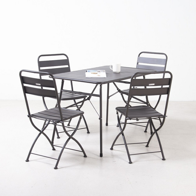 바젤 접이식 야외 테이블 의자 세트 4인 철제 체어, 차콜