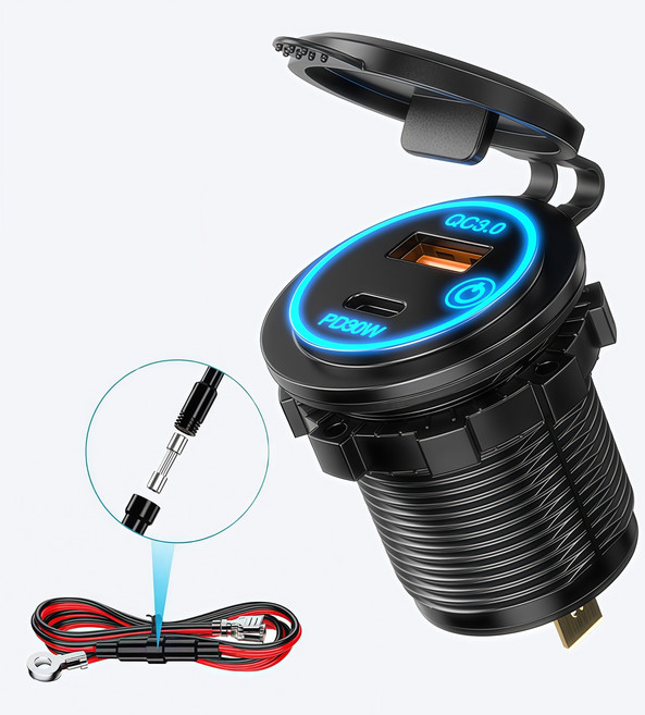 카차저 PD30W+QC3.0 초고속충전 USB+TYPE-C 터치스위치 자동차/선박/전동차/오토바이차량용 시거잭 개조 충전기, 검은색, M1C