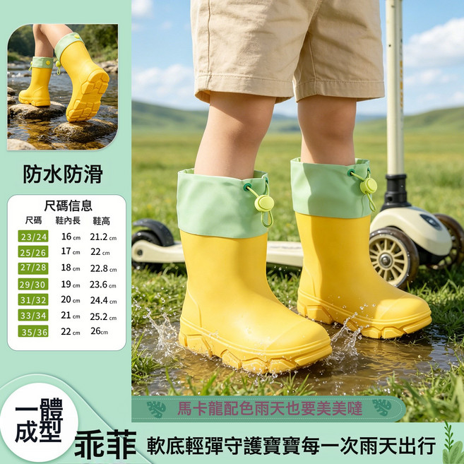 高顏值兒童束口雨靴防滑防水輕便可愛男童女童寶寶雨天戶外穿雨鞋, 1個, 【短束口】檸檬黃:31/32碼(鞋內長20釐米)