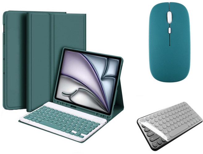 아이패드 호환 에어 프로 미니 1/2/3/4/5/6/7/8/9/10 세대 M2 M4 펜슬 수납 블루투스 키보드 케이스 무선 마우스 세트 iPad Pro Air Mini 케이스나, 다크그린