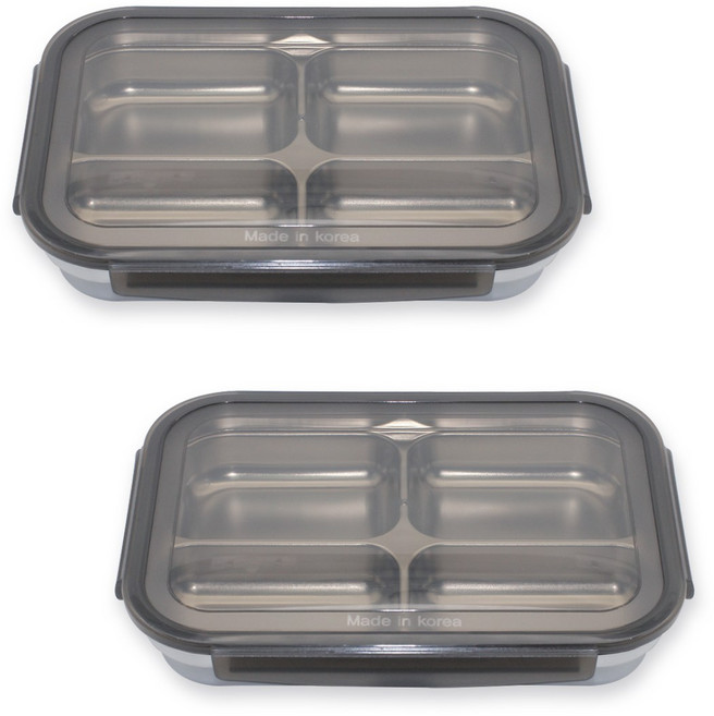 1+1 올품락 간편한끼 스텐 다이어트 직사각 4구 뚜껑 식판, 그레이, 2세트