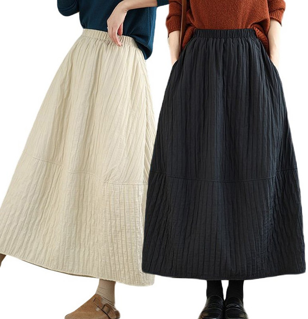 중년여성용 겨울 누빔 패딩 스커트 스판 밴딩 하이웨스트 방한 롱 치마 a라인 퀄팅 스커트