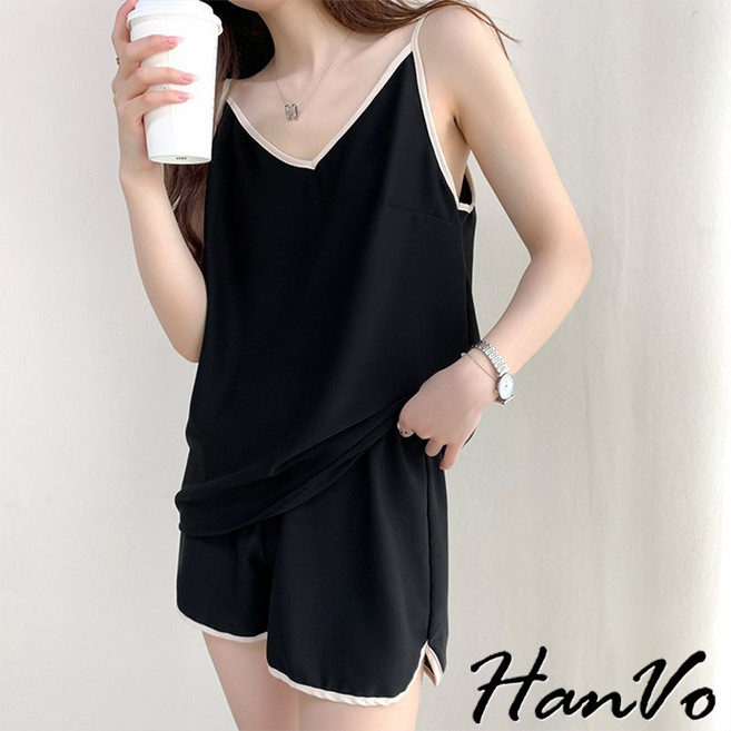 HanVo 冰絲緞面V領涼感睡衣套裝 薄款寬鬆睡衣睡褲 日系居家服 女生衣著 A08-5947