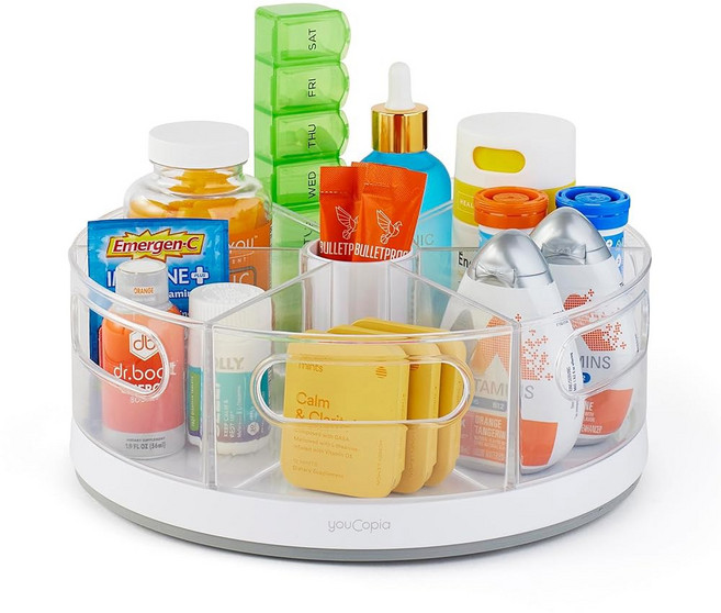 YouCopia Susan Lazy Organizer 손잡이가 있는 6 BPA 프리 탈착식 클리어 빈 주방 캐비닛용 회전식 수납 턴테이블 팬트리 및 욕실 정리함 화이트, 6 B, Susan 11, Turntable