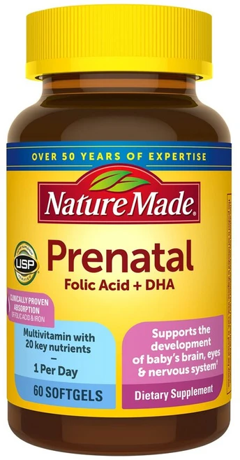 네이쳐메이드 Prenatal 활성엽산 DHA 비타민B 나이아신 비타민D 60정, 30정, 1개 - 쿠팡