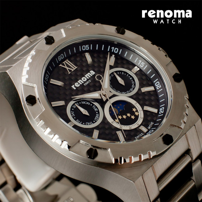 renoma 레노마 멀티펑션 문페이즈 카본 스위스 무브 남성 메탈시계 RE290BK