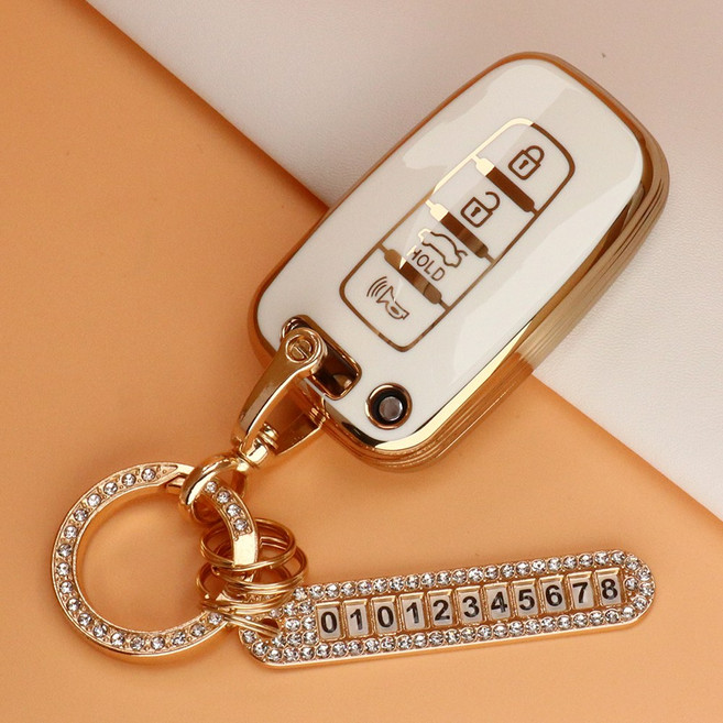 유투카 호환 YF쏘나타 그랜저TG 아반떼MD 베라크루즈 에쿠스 투싼IX I30GD 싼타페 차 키케이스 키홀더 키링 TPU 키커버 자동차 키용품, 골드-아이보리, THK-01