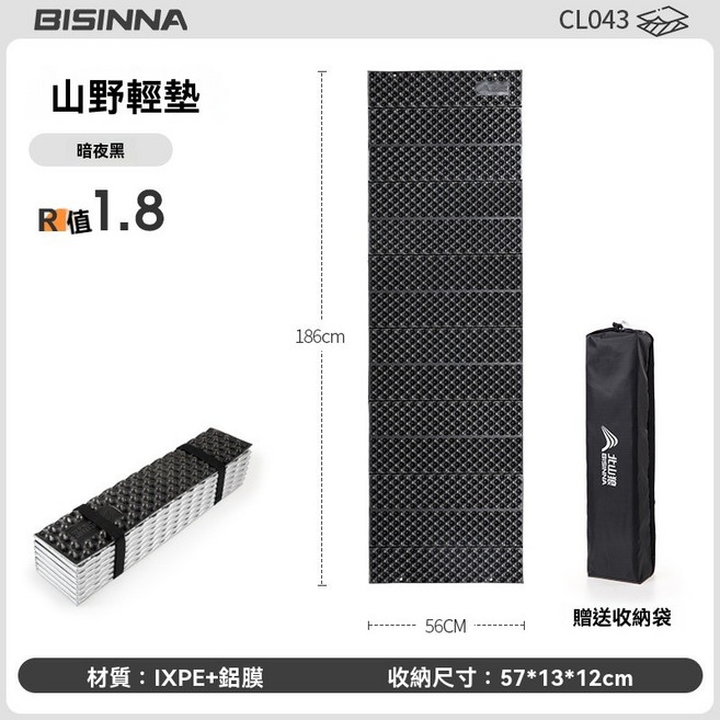 BISINNA 山野輕墊 R值1.8 戶外露營防潮睡墊, 2個, 黑色