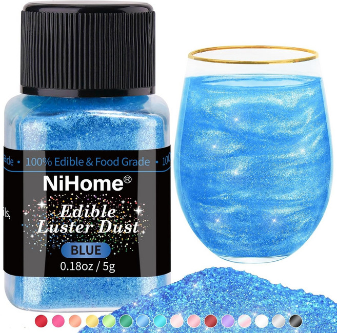 NiHome 식용 글리터 파우더 글리머 광택 더스트 음식 장식 와인 음료 케이크 디저트 스프링클 반짝이 5g 색상다양, 블루, 5g/0.18oz, 1개