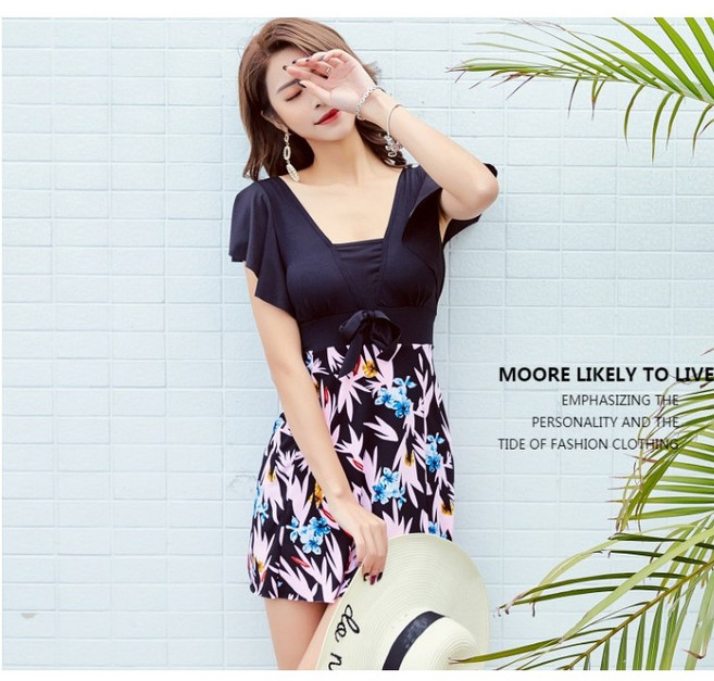 超舒適的大碼泳裝 媽媽泳裝 熟齡泳裝 連身泳衣 連身泳裙 遮肉肉 保守泳裝, 黑色,XL（腰圍85-95公分）