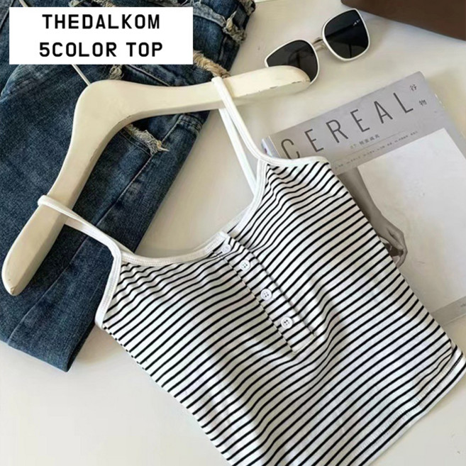 [패드봉제] 버튼 단색스트라이프 세미크롭나시탑 (여름 캡 줄무늬 민소매 끈나시 슬리브리스 이너웨어 이지웨어 봄 데이트룩 개강룩 대학생)