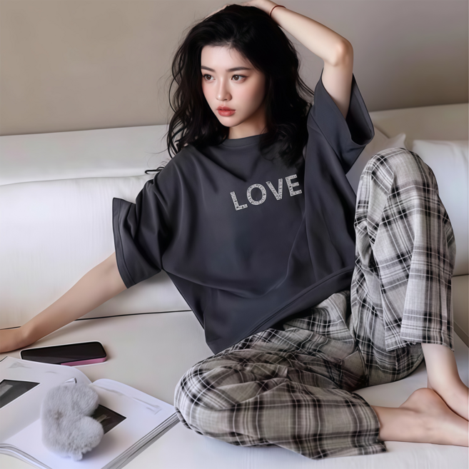 WAIJER 여성 여름 잠옷세트 심플 데일리 홈웨어 반팔 긴바지 상하세트 외출가능