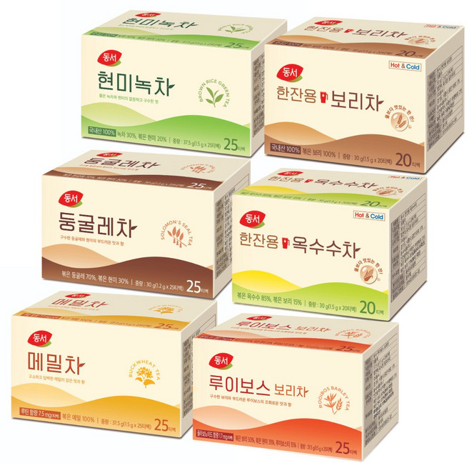 동서 티백 6종세트(현미녹차+둥굴레차+메밀차+한잔용보리차+한잔용옥수수차+루이보스보리차), 1.5g, 1개