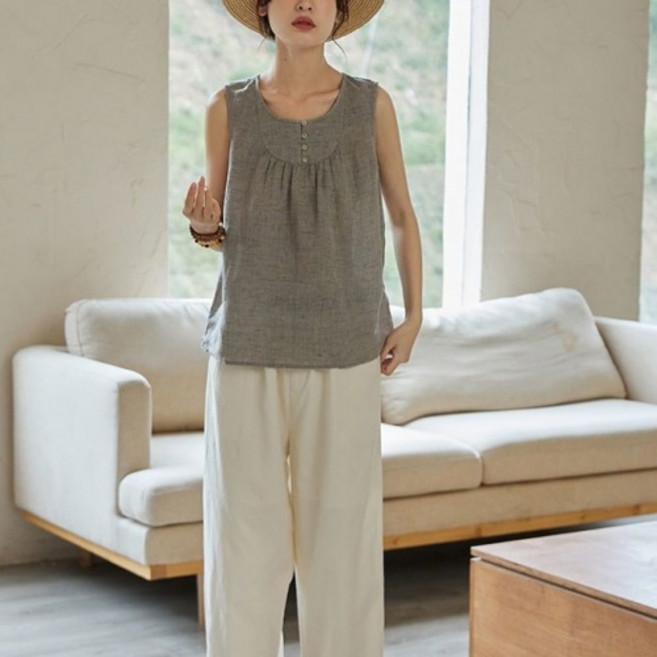 Makone 여성 데일리 코디하기 좋은 린넨 민소매 상의 캐주얼 나시 블라우스 데일리룩