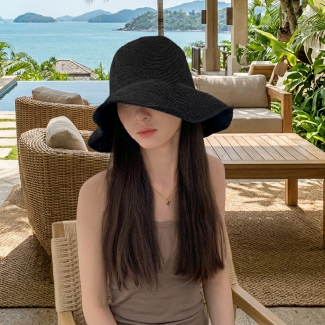 자오자오 여성 밀짚 프리미엄 버킷햇 와이드챙 소두핏 여름 휴양지 감성 비치룩 자외선차단 모자