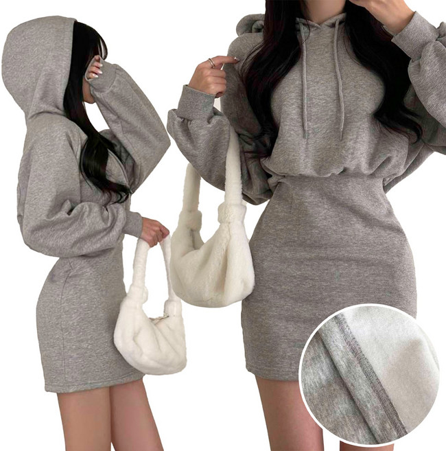 스트릿제이 국내제작 기모 트레이닝 후드티 편한 아방핏 H라인 스커트 스트링 맨투맨 짧은 타이트 날씬해보이는 롱슬리브 시보리 따뜻한 키작녀 원피스