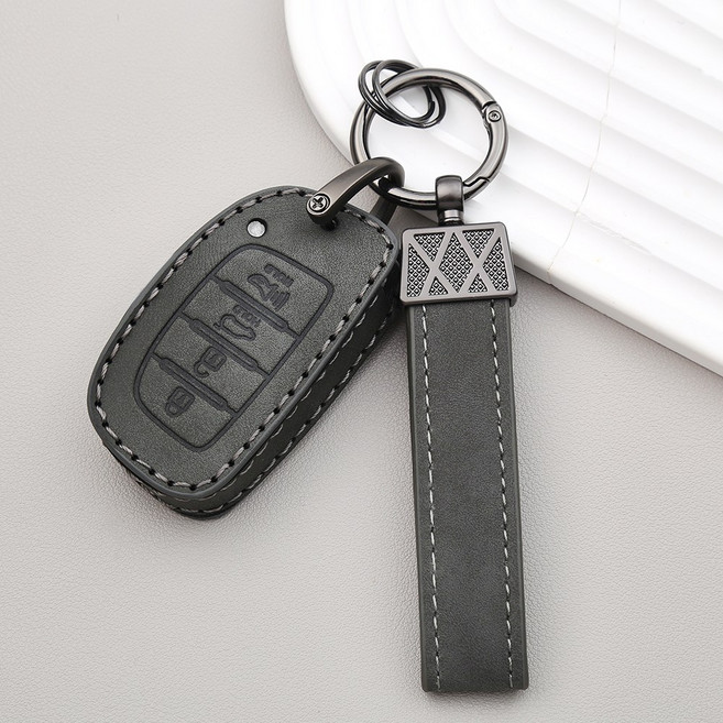 OFFCURVE 현대 가죽 차동차 키케이스+가죽 키홀터 세트 4버튼 스마트키 소나타뉴라이즈 베뉴 아반떼AD 풀커버 적용 키케이스, 02, 그레이