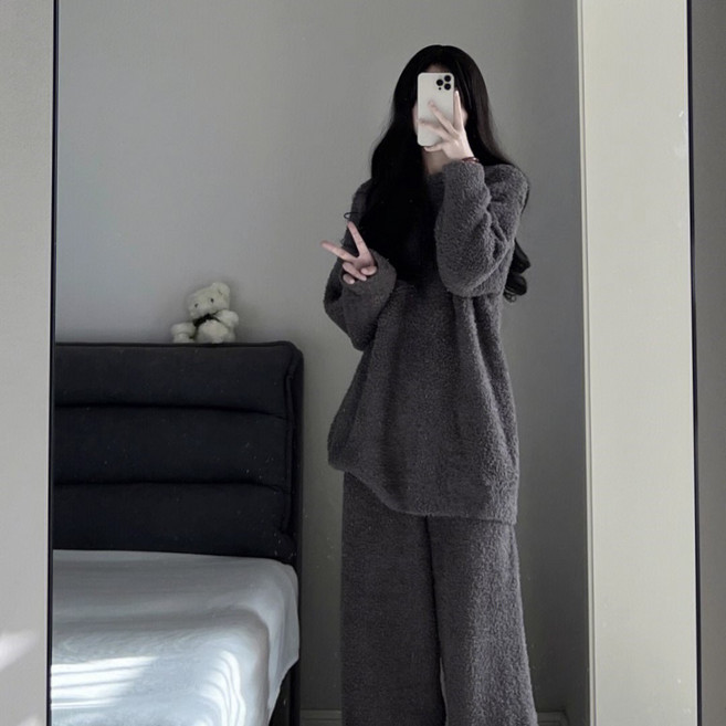 겨울 보온 수면잠옷 세트 여성잠옷 기모 융털 극세사 루즈핏 홈웨어