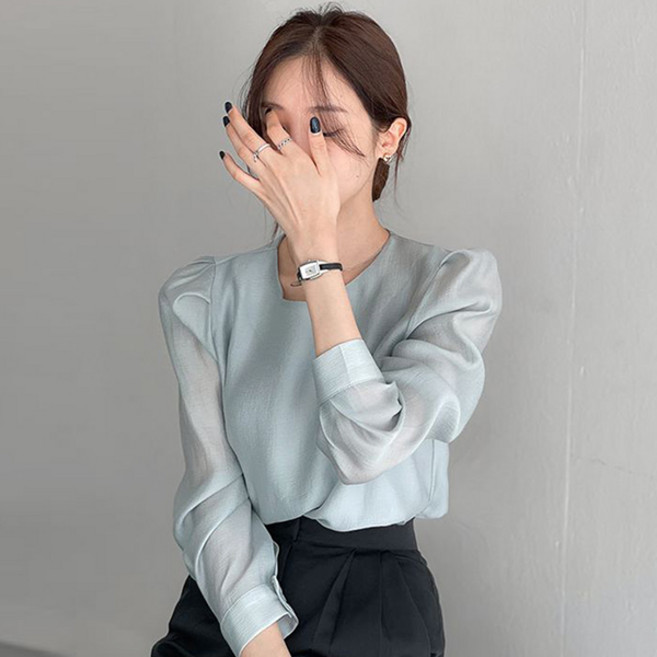 [레티고] 여성 라운드 시스루 모던 시크 블라우스