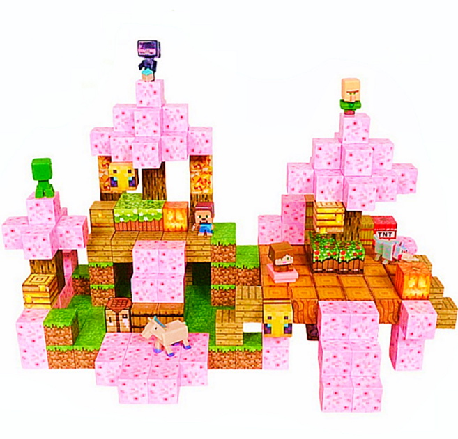 마인크래프트 자석블럭 블록 유아교구 자석놀이 세트 장난감 퍼즐 창의력 생일선물 오늘출발, 1세트, 벚꽃동산 254 PCS (랜덤 피규어 7개 증정)