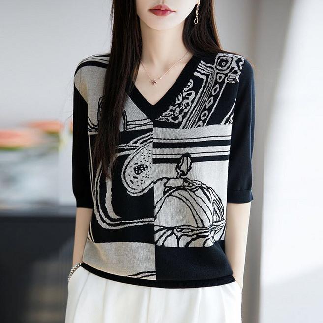 티티웍스 여성 시원한 V넥 자카드 5부소매 프린트 배색 니트