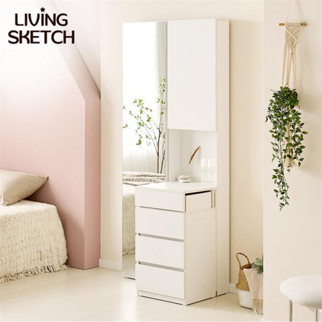 [리빙스케치] 랑제리제 수납형 전신거울 화장대 슬라이드 상판 서랍장, 화이트