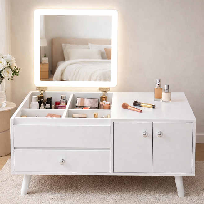 소프트엣지 LED 미니 좌식 화장대, 올 화이트 80cm (LED 포함)