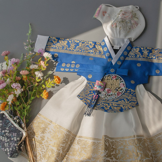 루아한복 고운 정현 여아 한복 금박 파랑당의 금아이보리치마(백일-13호)