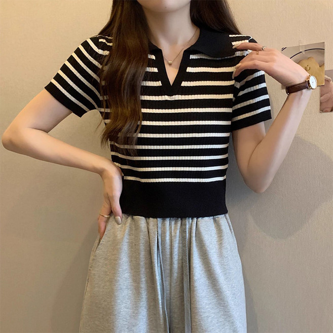 SELEAD 여성 브이넥 반팔 티셔츠 브이넥 니트 스쿨 폴로 스트라이프