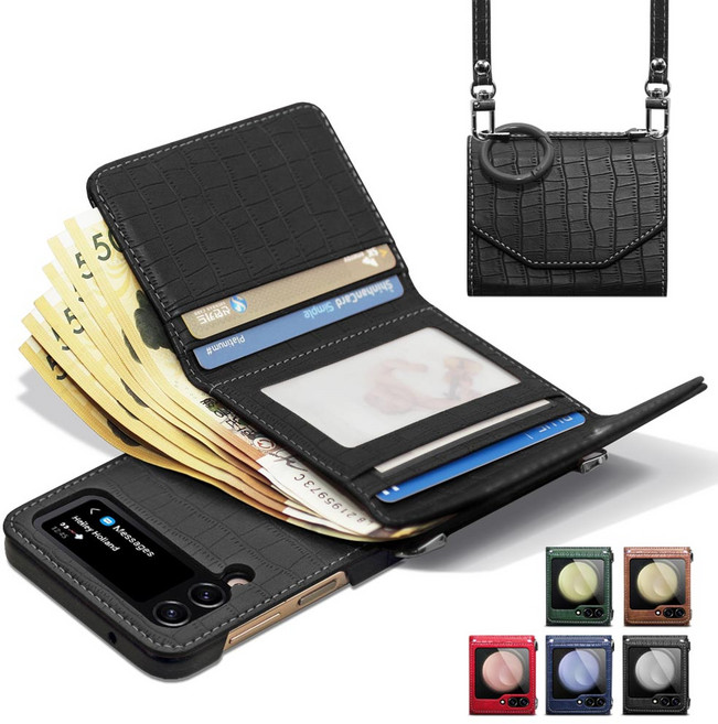Z플립 7 6 5 4 3 지갑형 대용량 현금 수납 카드4장 수납 손목 어깨 스트랩 핑거링 힌지보호 제이콥스타일 정품 폰케이스 갤럭시 제트 PU 악어 가죽 패턴 지폐 핸드폰 케이스