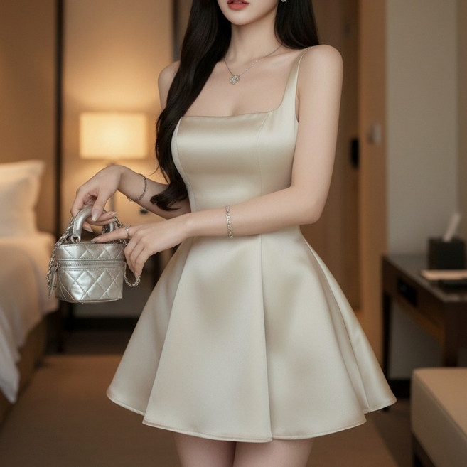 히또리 X4002 스퀘어넥 플레어 주름 민소매 나시 뒷지퍼 미니 원피스