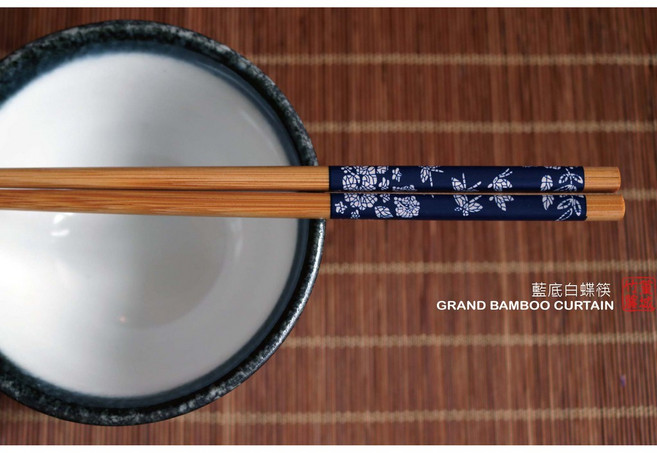 篁城印花系列竹筷子 藍底三姊妹組合 (蝴蝶/蜻蜓/紙鶴) 台灣製環保筷, 1個, 5號-藍底-蝴蝶10雙