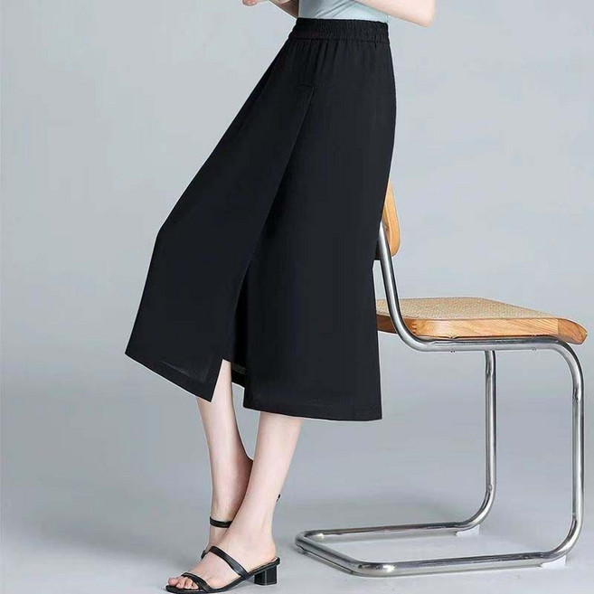 AOKADA 여성용 밴딩 와이드팬츠 여름 시원한 와이드핏 밴딩슬랙스 7부 쉬폰 치마바지