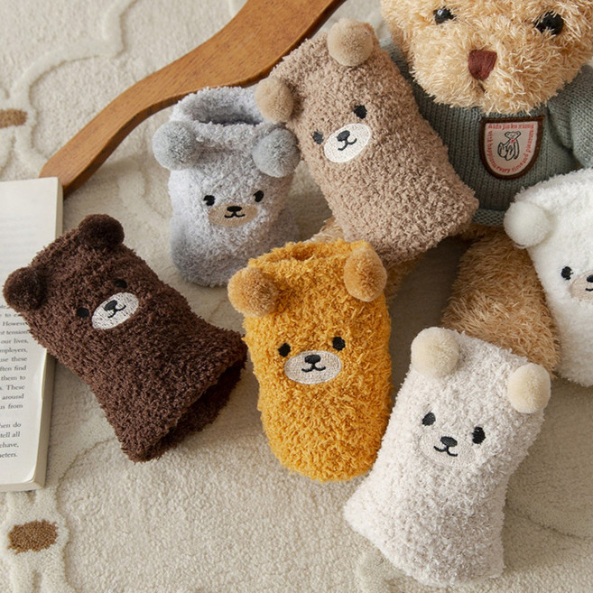 6켤레 1세트 제이드슈 귀욤뽀짝 곰돌이 수면 양말 여성 보온 방한양말