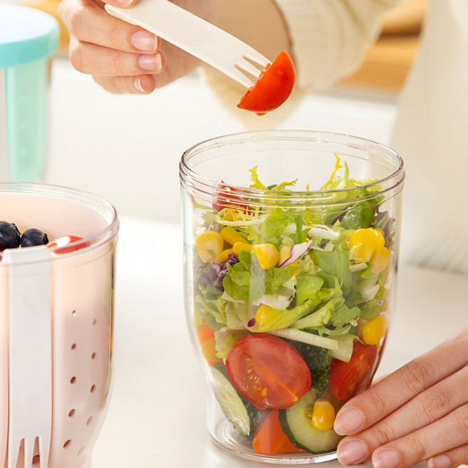 [포크포함] 리빙토피아 차량용 샐러드컵 도시락통 용기 과일 컵 통 도시락, 옐로우, 1개